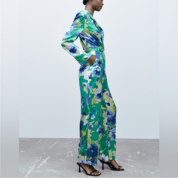 NWOT Zara Floral Satin Jumpsuit in Green, Yellow, and Blue. Size Small - Picture 2 of 15